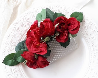 Red flower hair comb Burgundy floral bridal hair piece