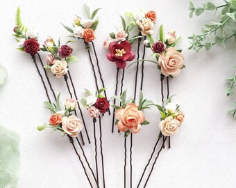 Burgundy flower hair piece Orange floral hair pins