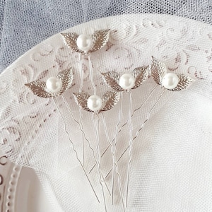 Silver leaf wedding hair piece Pearl hair pins set