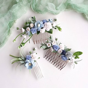 Dusty blue wedding flower comb Blue flower hair piece