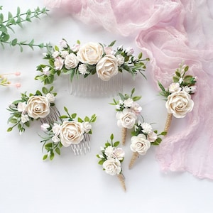 White floral hair piece Bridesmaid flower comb Flower boutonniere