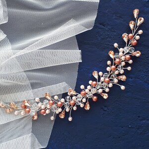 Pink crystal bridal hair vine Wedding pearl hair piece for bride