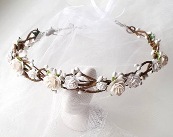 White bridal flower crown Wedding floral headpiece