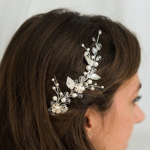 Pearl wedding hair vine Silver leaf bridal hair piece