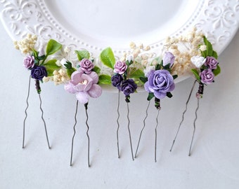 Alfileres de pelo de flores púrpuras Set alfileres de pelo florales secos Marfil lavanda bobby pins boda pieza de pelo de dama de honor