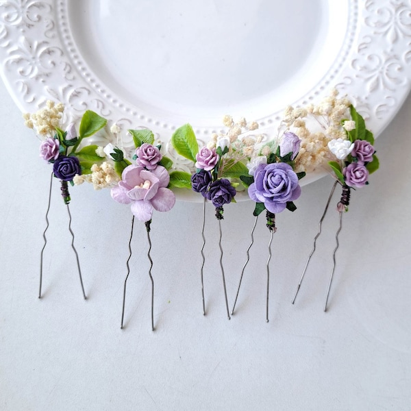 Purple flower hair pins Set dried floral hair pins Ivory lavender bobby pins wedding Bridesmaid hair piece