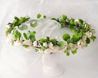 White wedding floral crown Greenery flower crown White bridal head piece