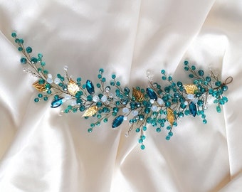 Emerald hair vine Gold leaf bridal hair piece