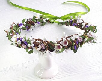 Purple flower crown Woodland bridal headpiece Greenery wedding floral crown