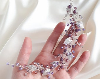 Purple bridal hair piece Lavender bridal hair vine leaf