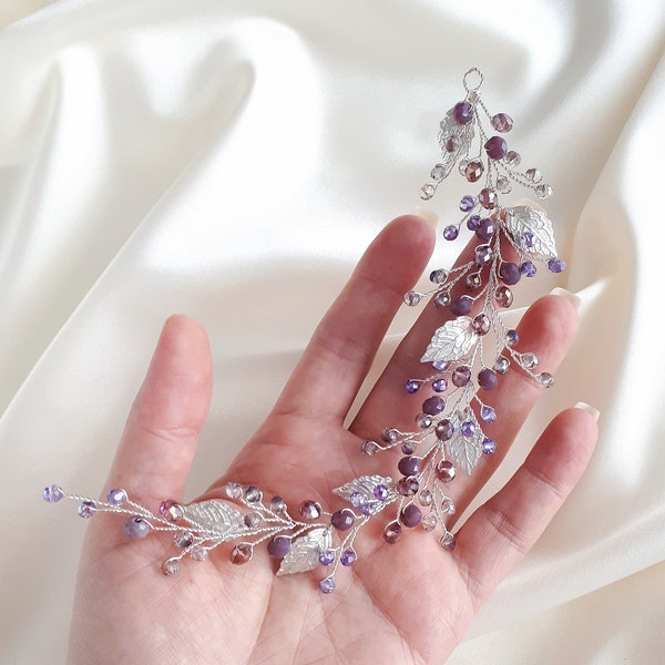 Purple bridal hair piece Lavender bridal hair vine leaf