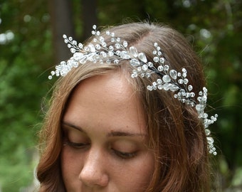 Silver bridal head piece White crystal wedding hair vine