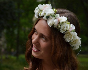 White wedding flower head piece Boho floral bridal crown