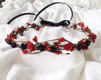 Couronne de fleur gothique noire et rouge Coiffe de mariage gothique