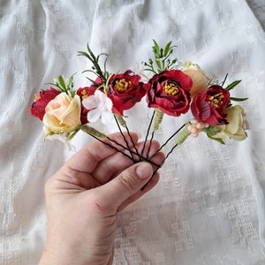 Burgundy flower hair piece for bride Dark red hair pins for wedding Set floral hair pins Yellow floral hair pins