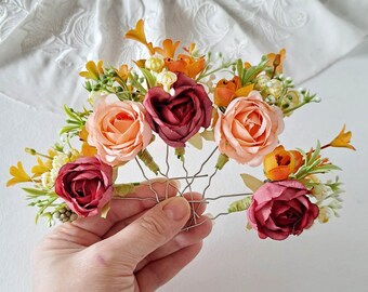 Burgundy orange flower hair pins Burgundy wedding floral hair piece Dark red bridal hair pins