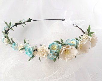 Turquoise bridal flower crown Blue white floral headpiece