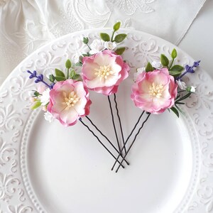 Pink flower hair pins set White pink floral hair piece