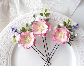 Pink flower hair pins set White pink floral hair piece