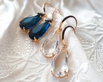 Teardrop crystal dangling earrings Gold large drop earrings for wedding day Clear crystal drop earrings