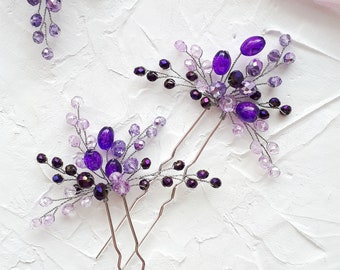 Lavender hair pins set for 2 Purple bridal hair piece