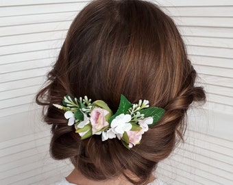 Blush floral hair comb Rose bridal hair piece Greenery hair comb