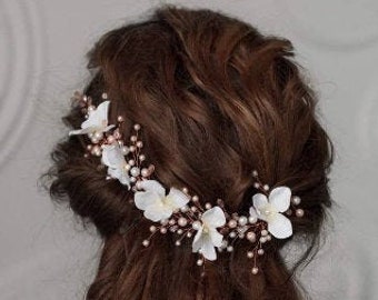 Rose gold pearl hair vine Floral rose gold hair piece Flower wedding hair vine