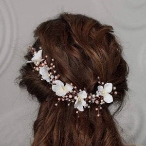 Rose gold pearl hair vine Floral rose gold hair piece Flower wedding hair vine