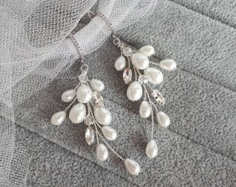 Long bridal earrings white Bridal vine earrings pearl Chandelier earrings