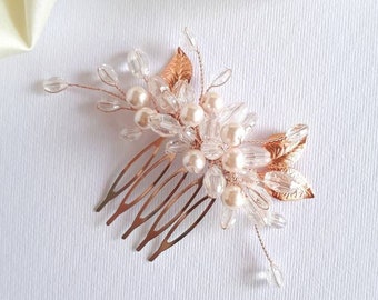 Rose gold hair piece for bride Wedding pearl hair comb