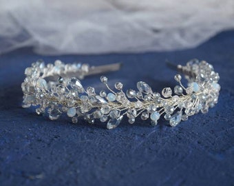 Couronne de mariage en cristal bleu argent Tête de mariée en cristal