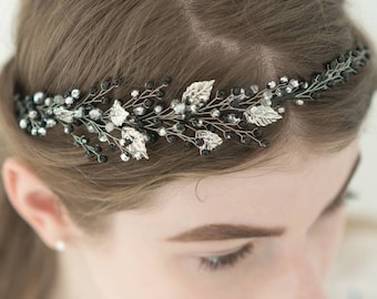 Bridal crown black crystal Wedding tiara Silver leaf hair piece for bride