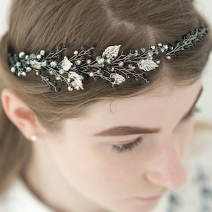 Bridal crown black crystal Wedding tiara Silver leaf hair piece for bride