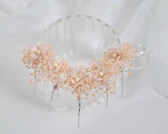 Horquillas para el pelo de novia con aliento de bebé seco y flores preservadas Horquillas florales rosa ruborizado Tocado de boda flores secas