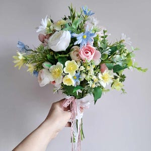 Colorful bridal bouquet Summer wedding bouquet Pink yellow blue white green bouquet Wildflowers bouquet