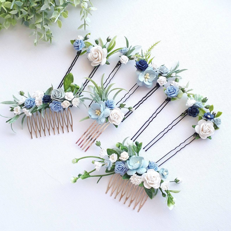 Dusty blue bridal hair piece White and blue floral hair pins Blue wedding hair comb image 5