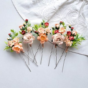 Orange red flower hair pins Orange wedding hair piece Set floral hair pins