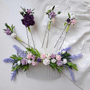 Purple floral wedding hair comb Pink floral hair pins Wedding flower comb