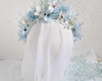 Dusty blue white wedding flower crown Pale blue bridal flower headband Blue wedding flower tiara
