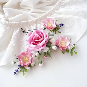 White pink flower hair piece Rose pink wedding hair pins set