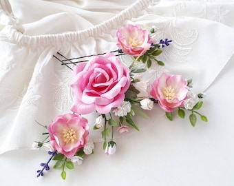 White pink flower hair piece Rose pink wedding hair pins set