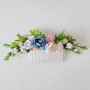 Dusty blue pink flower hair comb Pale blue wedding hair piece Blue pink floral hair comb
