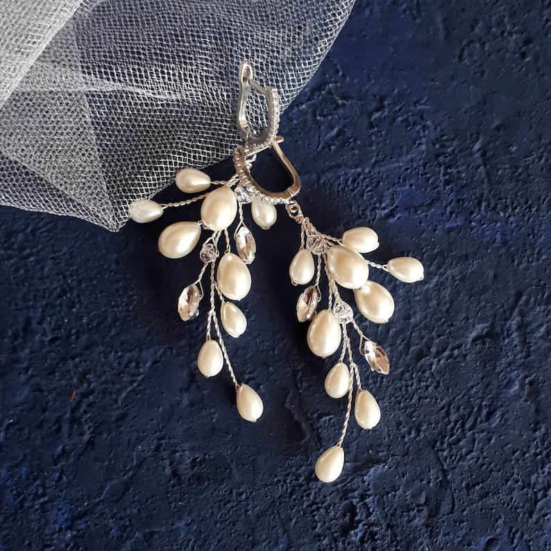 Ivory pearl vine earrings Long bridal earrings dangle image 1