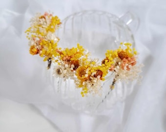 Horquillas para el pelo de novia con aliento de bebé seco y flores preservadas Horquillas florales amarillo naranja marfil Tocado de boda flores secas