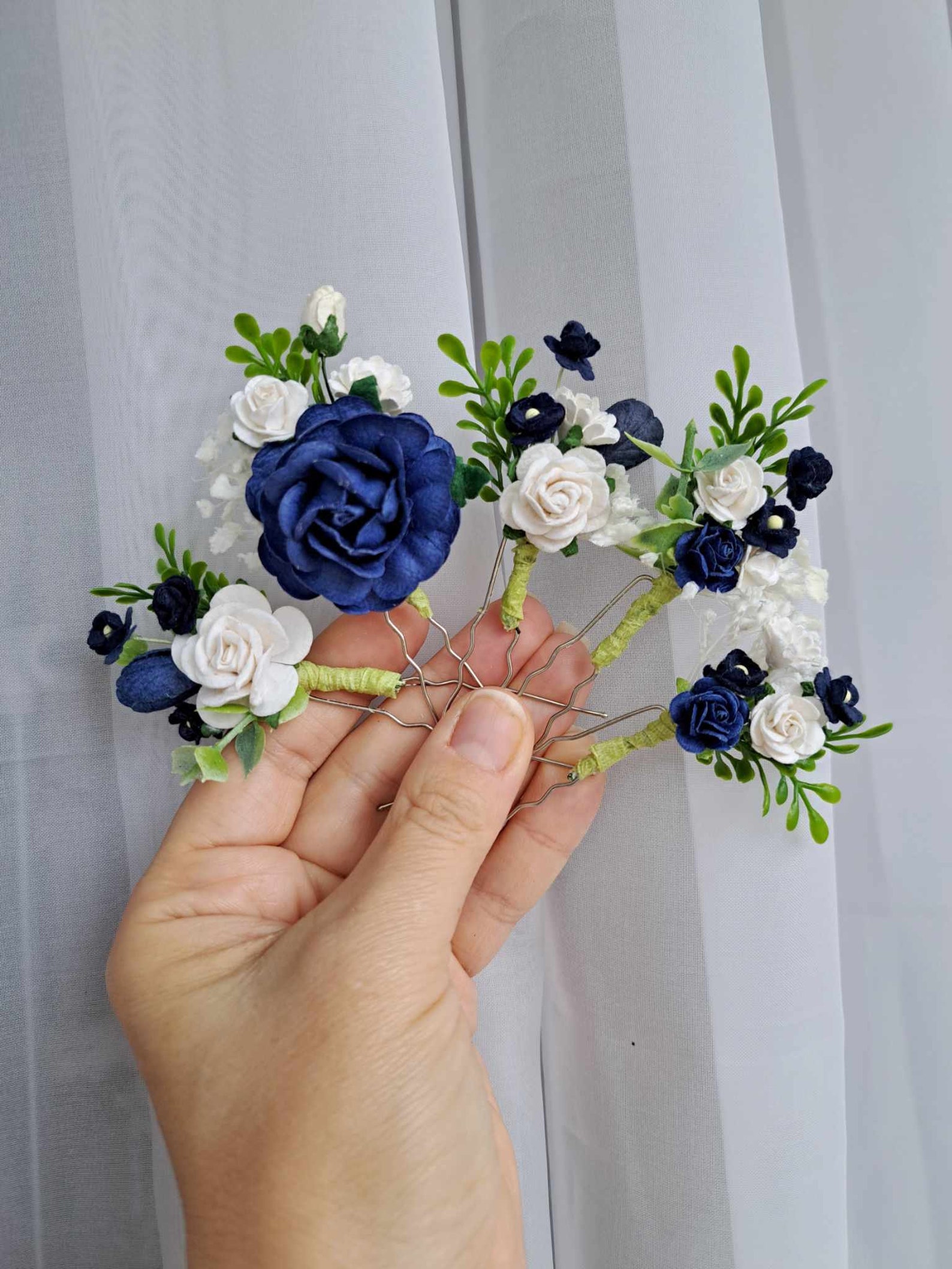Navy Blue Flower Hair Pins Blue White Bridal Hair Piece Set Dried ...