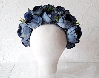 Dark blue flower crown Gothic wedding headband Halloween wedding crown