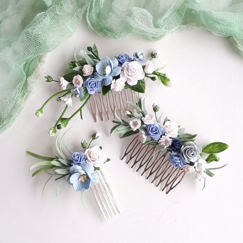 Morceau de mariée bleu poudré Épingles à fleurs blanches et bleues Peigne à cheveux de mariée bleu image 4