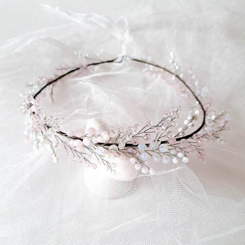 Blush pink white crystal wedding crown Bridal headpiece image 7