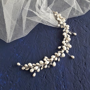 Pearl bridal hair vine Silver wedding hair piece