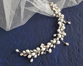 Pearl bridal hair vine Silver wedding hair piece